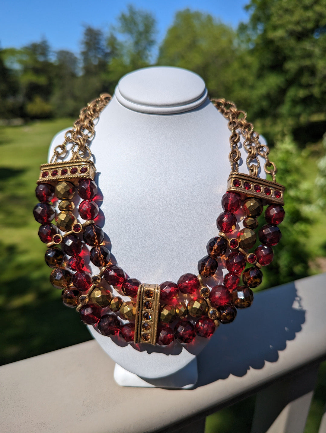Vintage - Dark Red and Gold Beaded Statement Necklace