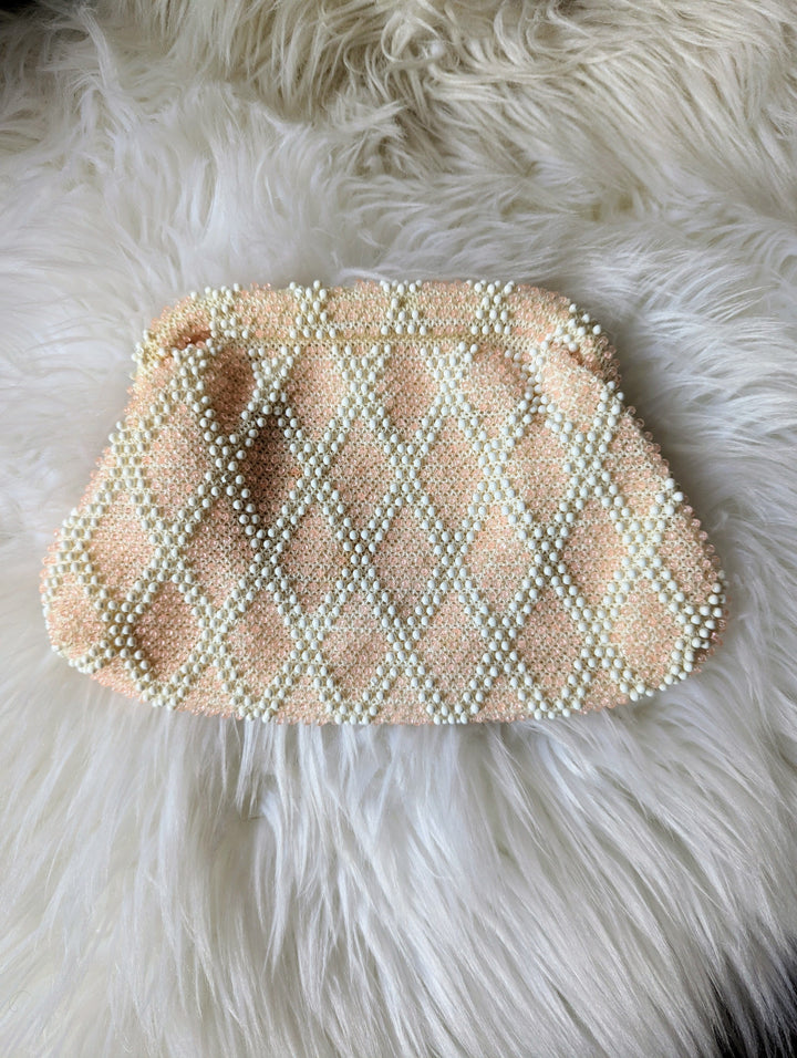 Vintage - Beaded Peach and White Clutch