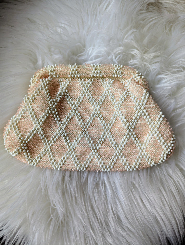 Vintage - Beaded Peach and White Clutch