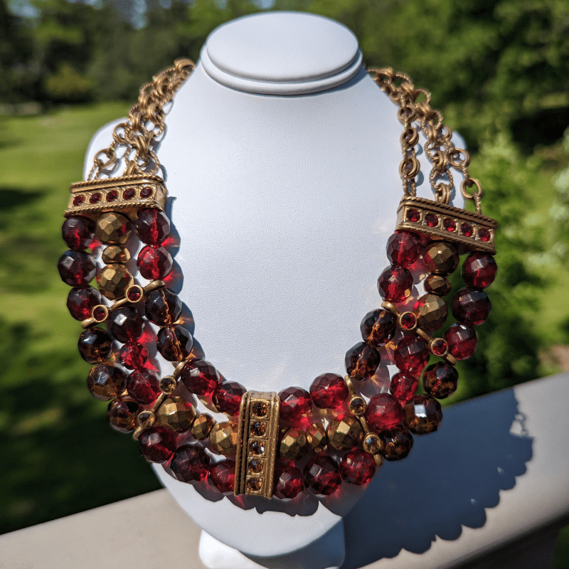 Vintage - Dark Red and Gold Beaded Statement Necklace
