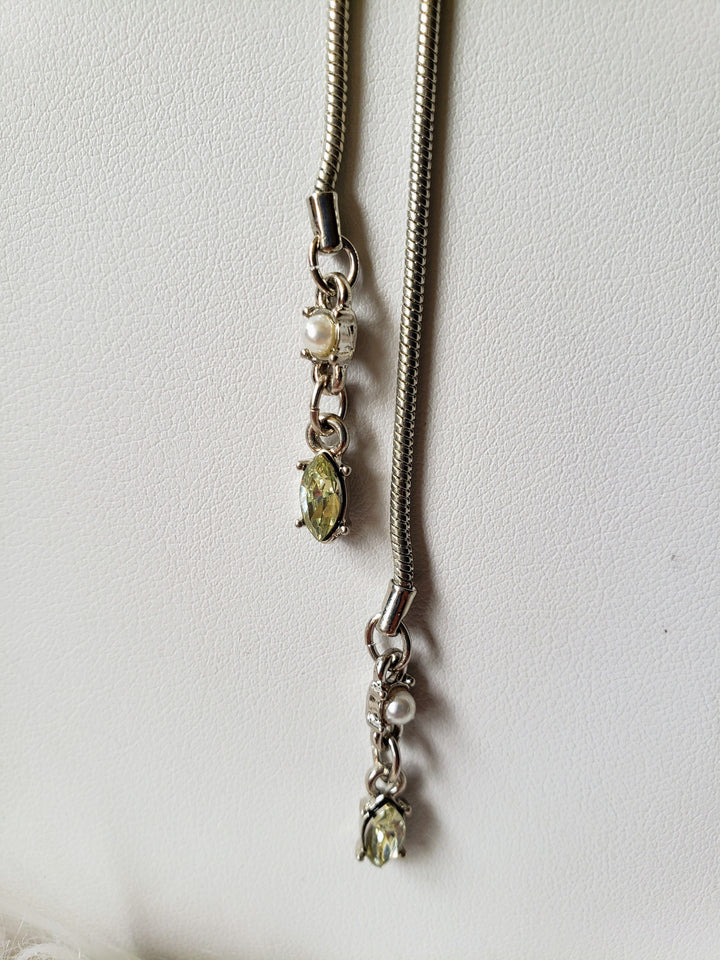 Vintage - Silver Rhinestone and Pearl Bolo Necklace