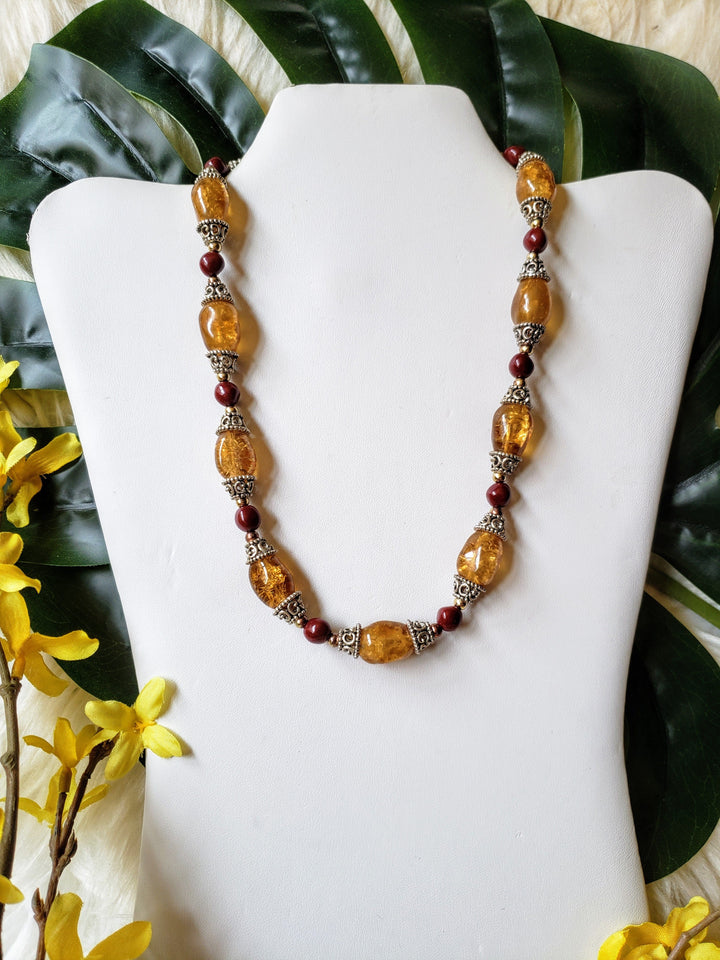 Vintage - Dark Yellow and Red Beaded Necklace