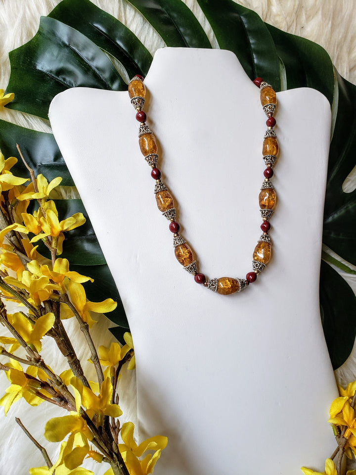 Vintage - Dark Yellow and Red Beaded Necklace