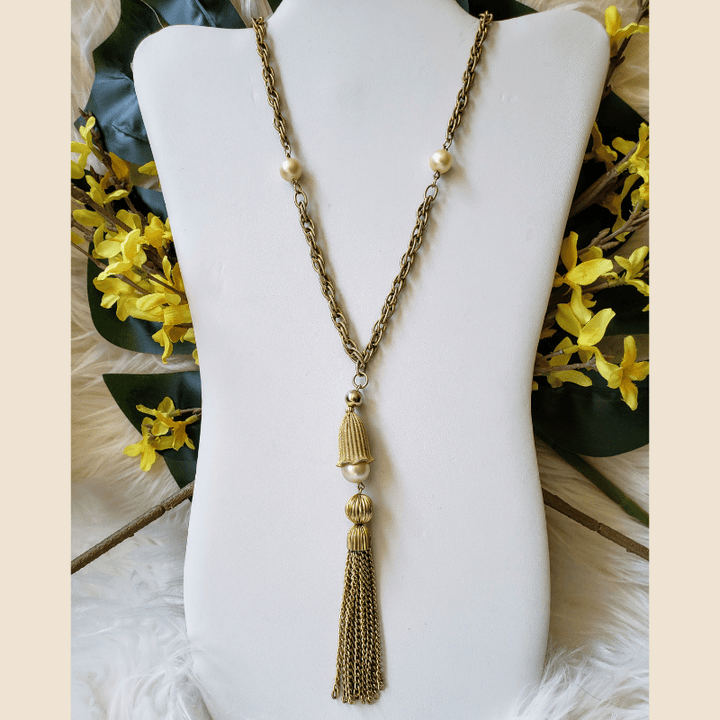 vintage pearl gold tassel necklace